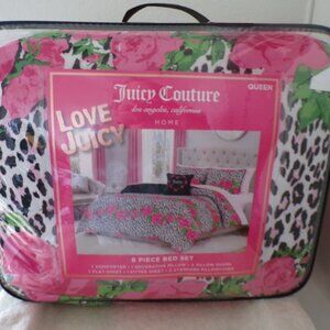 Juicy Couture Huge Set QUEEN SHEETS + Comforter Black Leopard /Pink Roses NEW